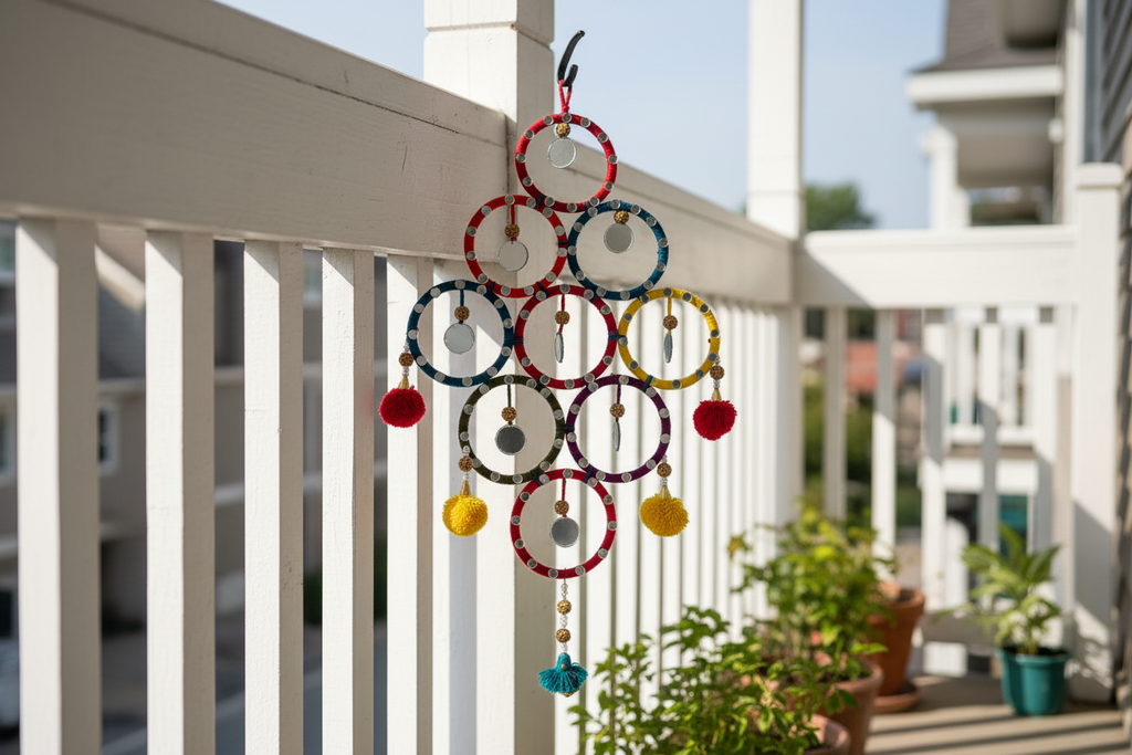 Colorful wind chime hanging on a railing with plants and buildings in the background