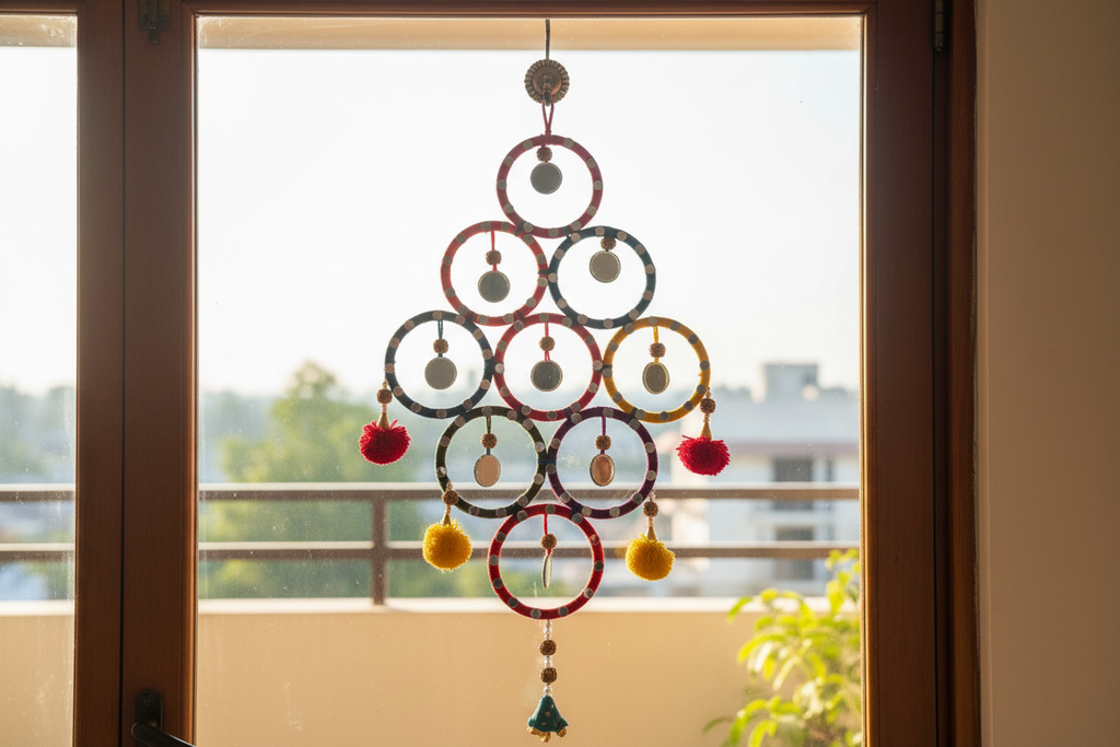 Decorative hanging mobile with colorful beads in front of a window with a view of trees and buildings.