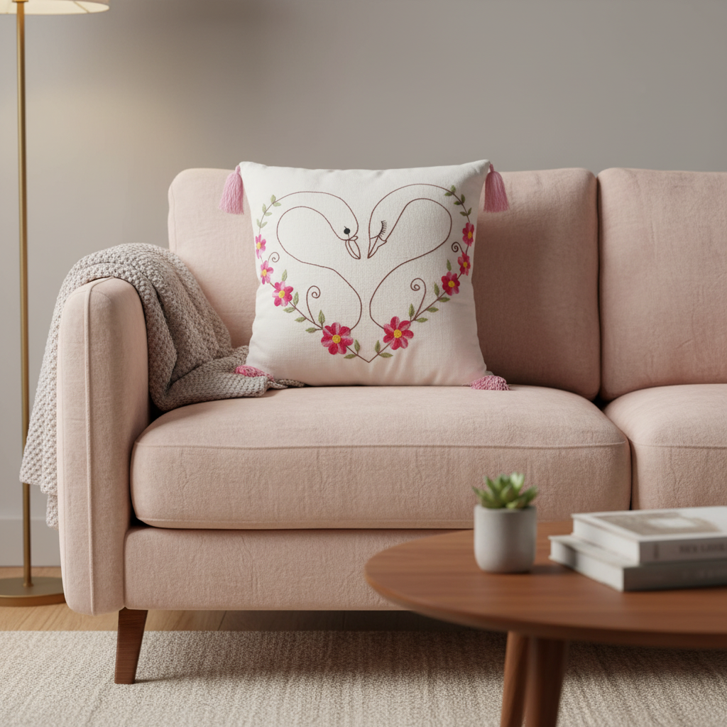 Decorative pillow with swan design on a pink sofa in a living room setting.