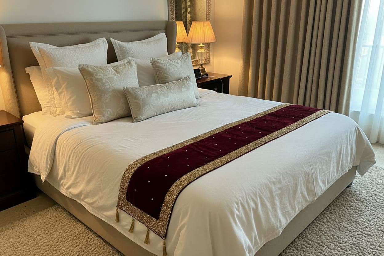 Decorative Bed Runner with Gold Sitara Work