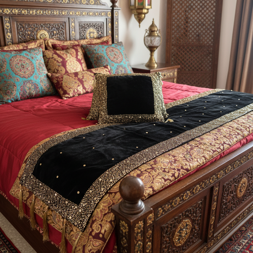 Dazzling Black velvet base runner with hand embroidered gold sequin and beads- best gift