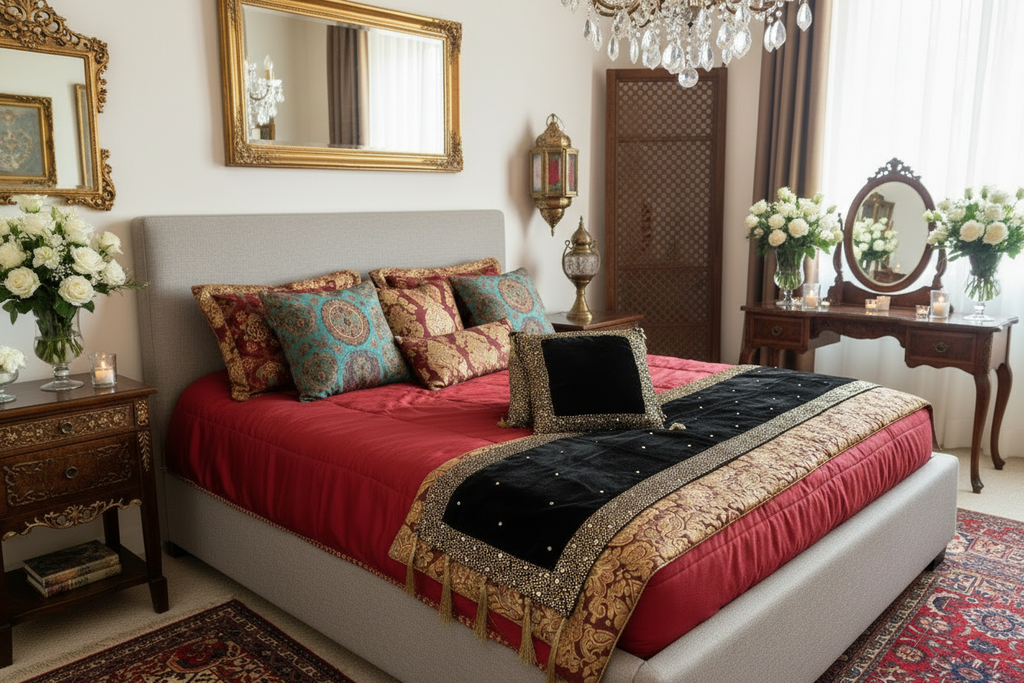 Dazzling Black velvet base runner with hand embroidered gold sequin and beads