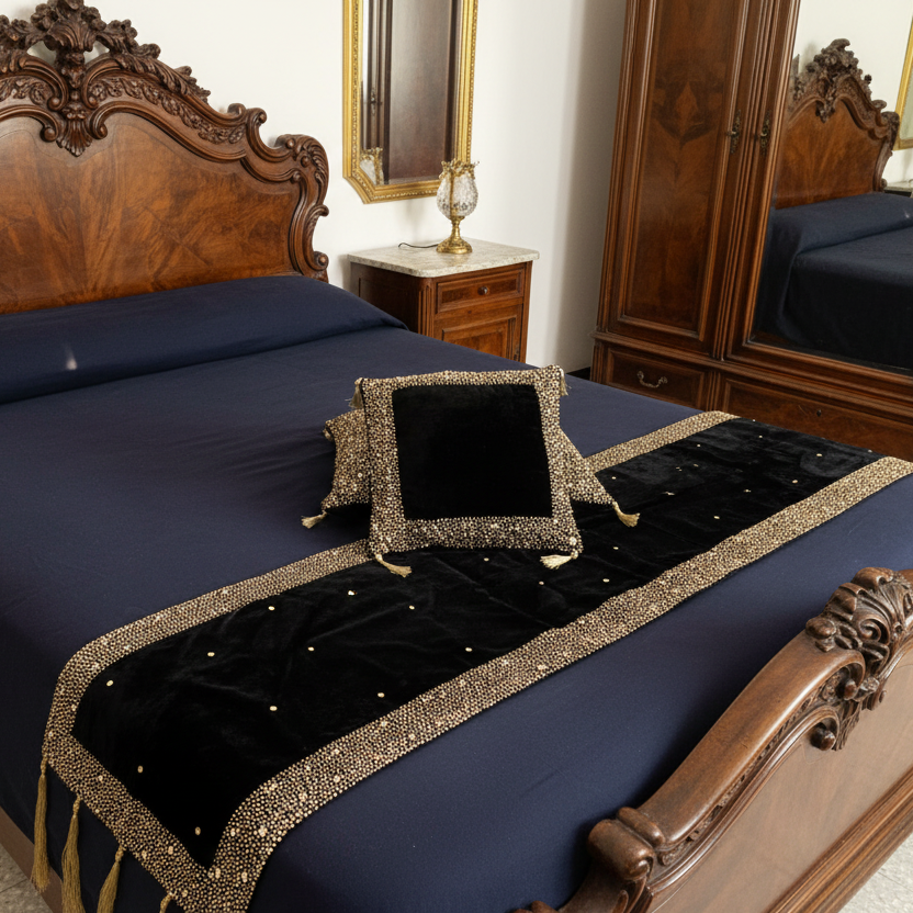 Dazzling Black velvet base runner with hand embroidered gold sequin and beads