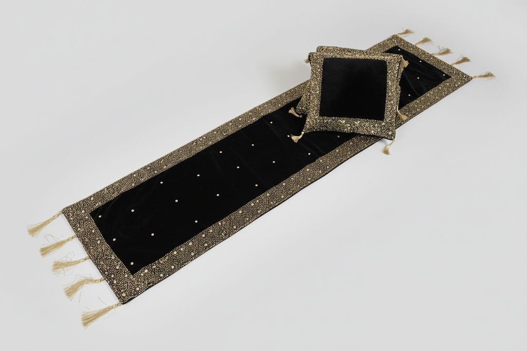 Dazzling Black velvet base runner with hand embroidered gold sequin and beads