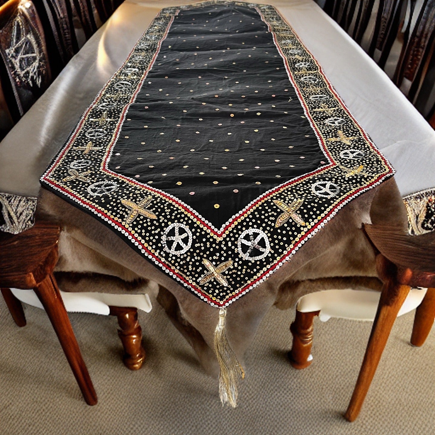 Black gold Luxe table Runner hand Embellished and embroidered