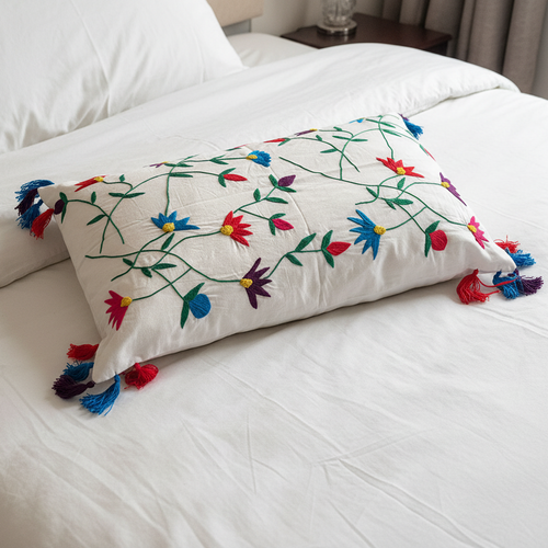 Beautiful Hand Embroidered Cushion-Base Color White-1 Pc