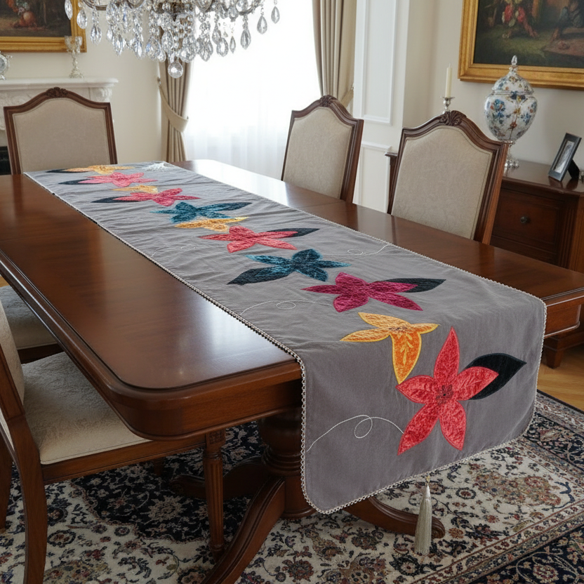 Dining room with a table set with a colorful floral table runner.