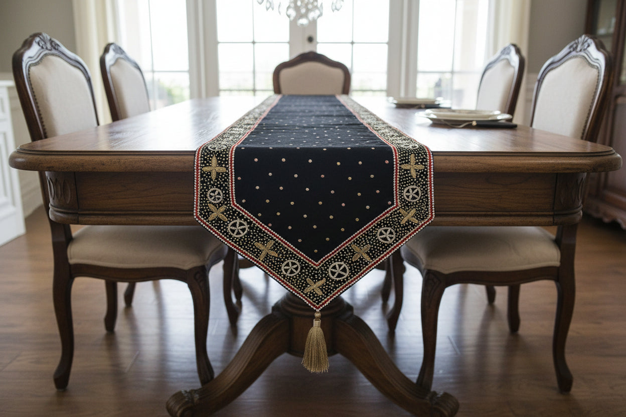 Black gold Luxe table Runner hand Embellished and embroidered