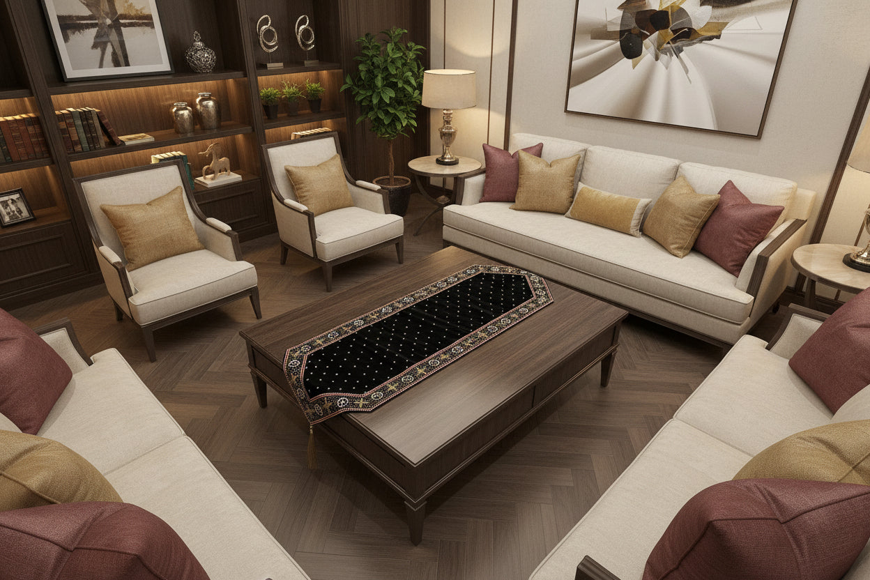 Black gold Luxe table Runner hand Embellished and embroidered