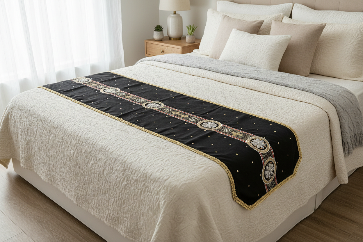 Decorative table runner with golden hand embroidered work