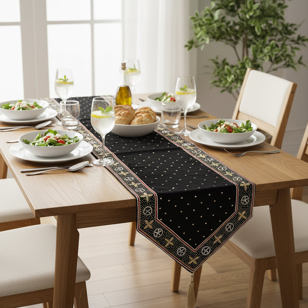 Black gold Luxe table Runner hand Embellished and embroidered