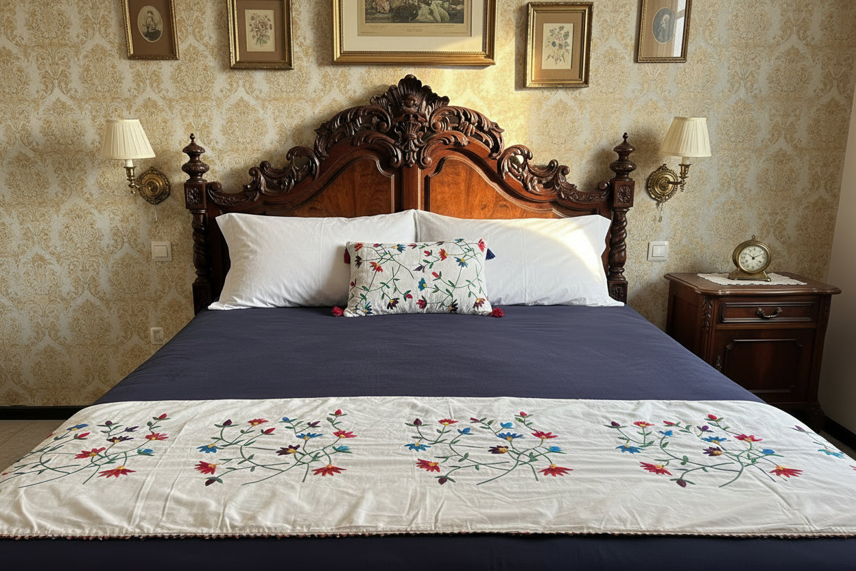 Beautiful Multicolored Hand embroidered bed Runner. 100% Cotton- 1 Pc