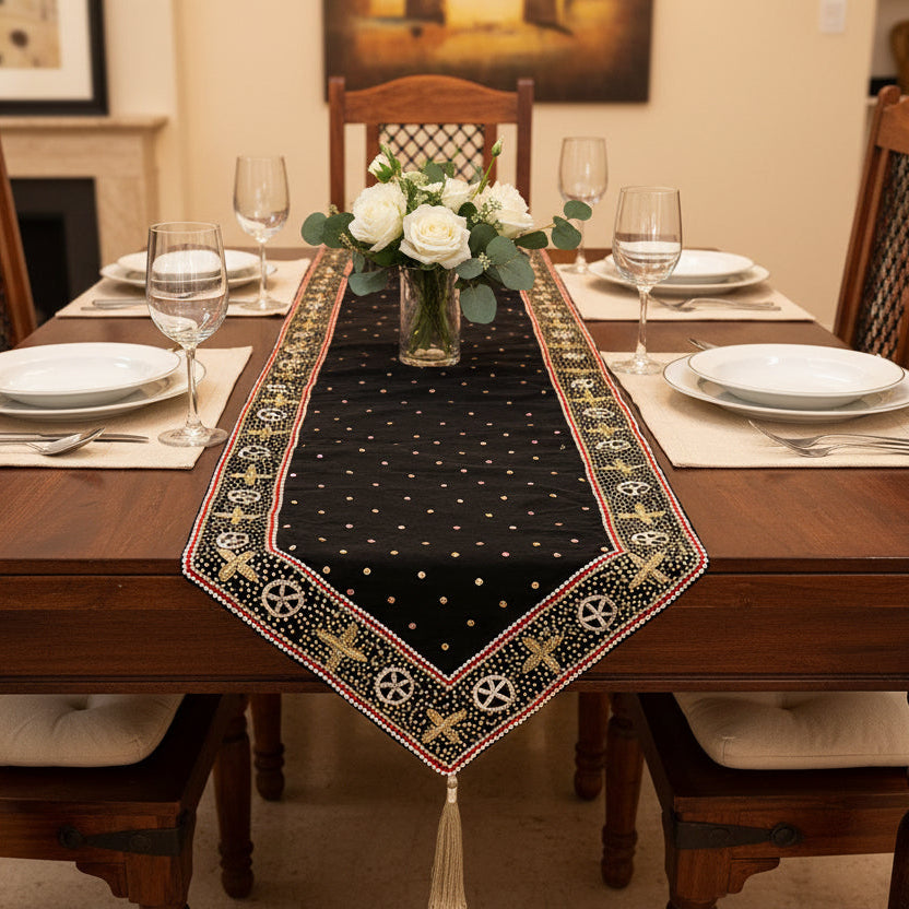Black gold Luxe table Runner hand Embellished and embroidered