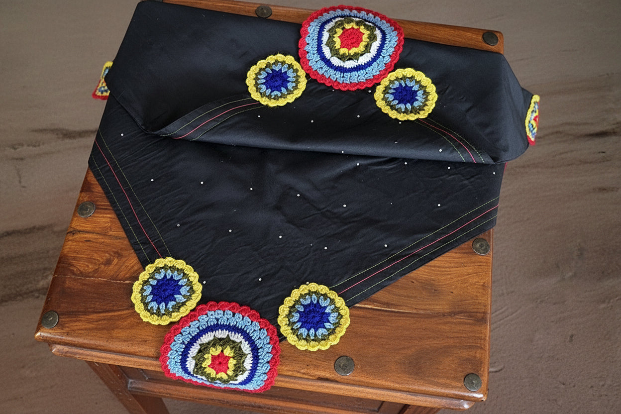 Black fabric with colorful crochet circles on a wooden surface
