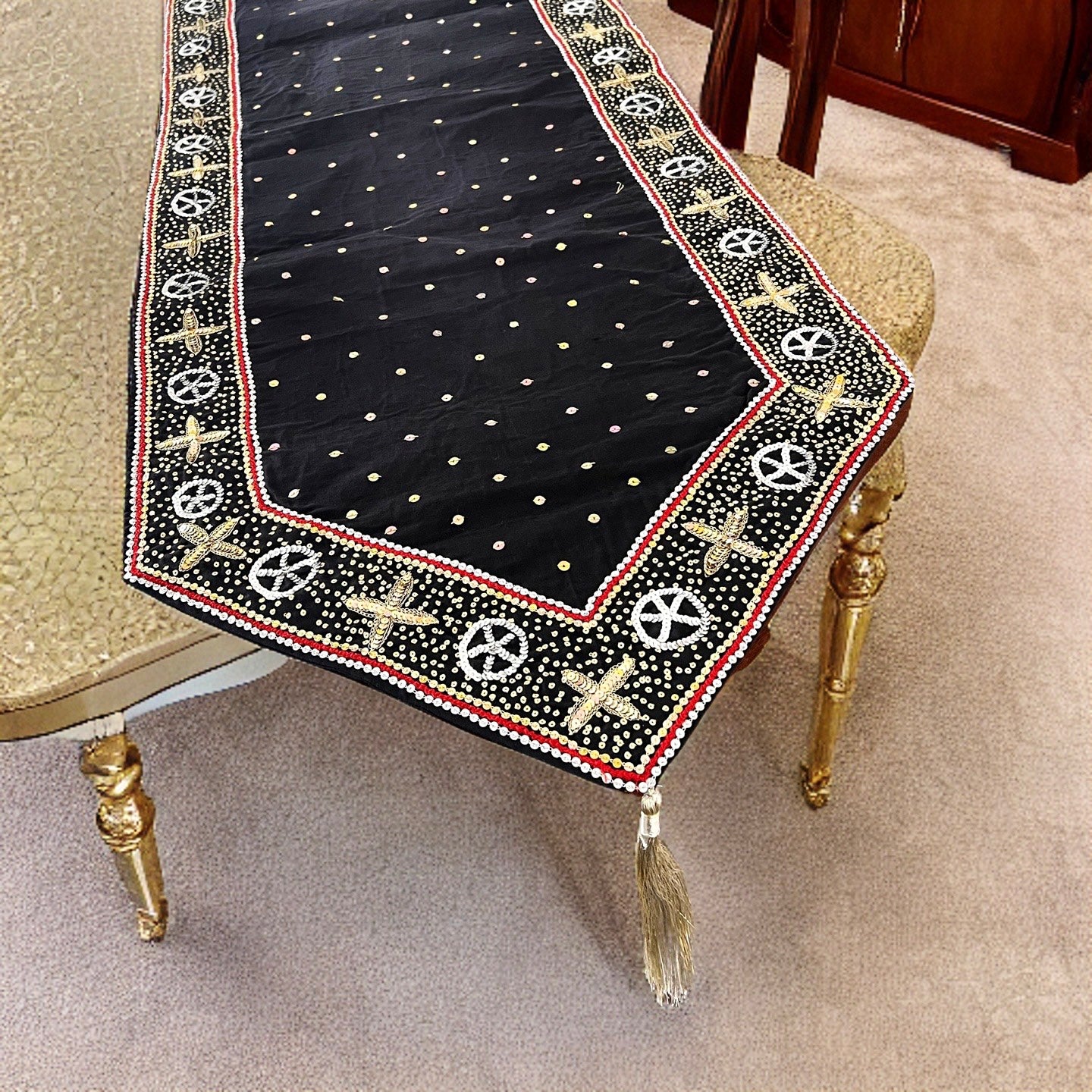 Black gold Luxe table Runner hand Embellished and embroidered