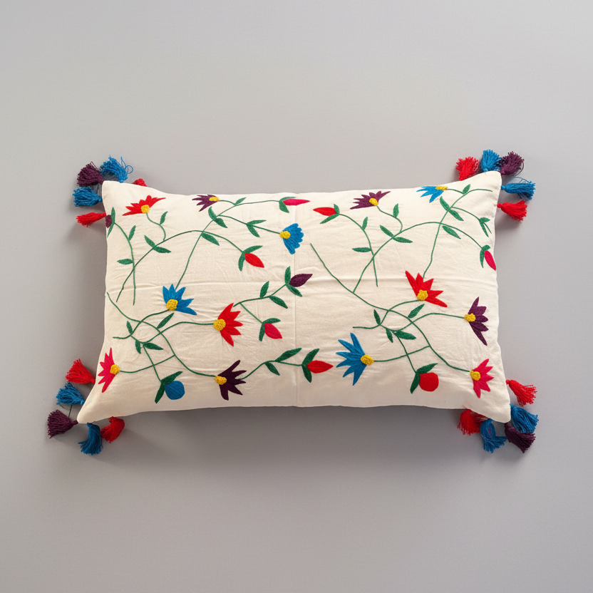 Beautiful Hand Embroidered Cushion-Base Color White-1 Pc