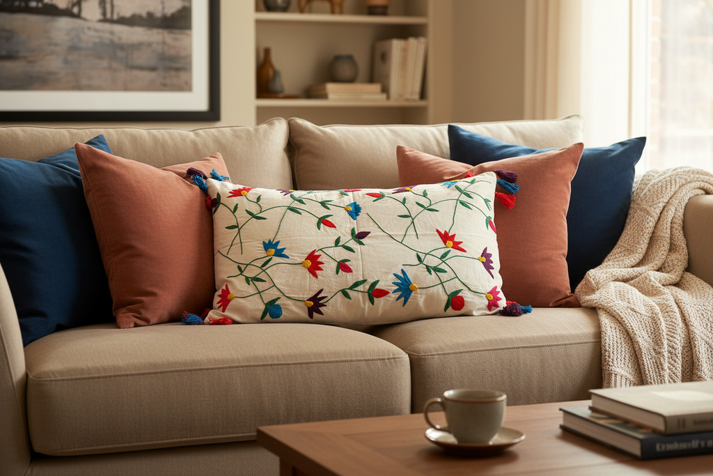 Beautiful Hand Embroidered Cushion-Base Color White-1 Pc