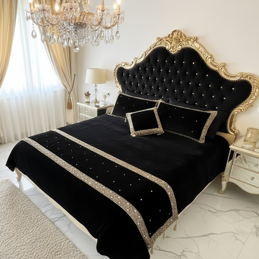 Dazzling Black velvet base runner with hand embroidered gold sequin and beads