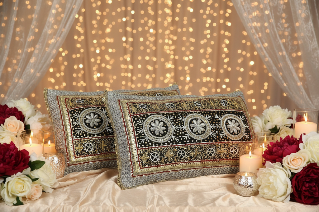 Beautiful Traditonal Hand Embrioderd Tila Sitara Cushion Cover - 1 pc