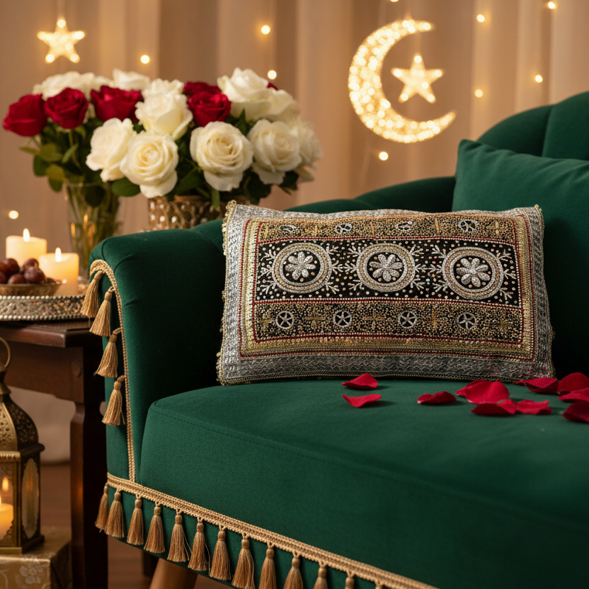 Beautiful Traditonal Hand Embrioderd Tila Sitara Cushion Cover - 1 pc