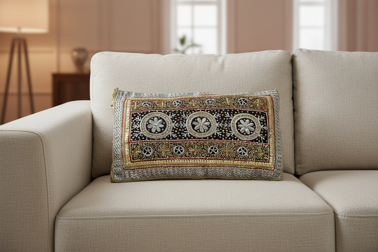 Beautiful Traditonal Hand Embrioderd Tila Sitara Cushion Cover - 1 pc