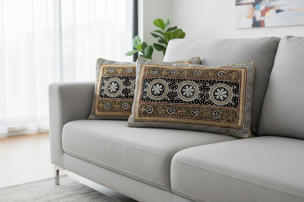 Beautiful Traditonal Hand Embrioderd Tila Sitara Cushion Cover - 1 pc