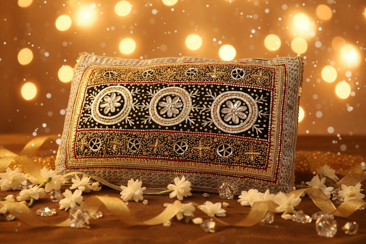 Beautiful Traditonal Hand Embrioderd Tila Sitara Cushion Cover - 1 pc