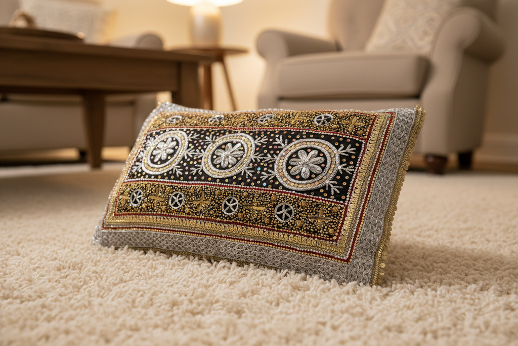 Beautiful Traditonal Hand Embrioderd Tila Sitara Cushion Cover - 1 pc