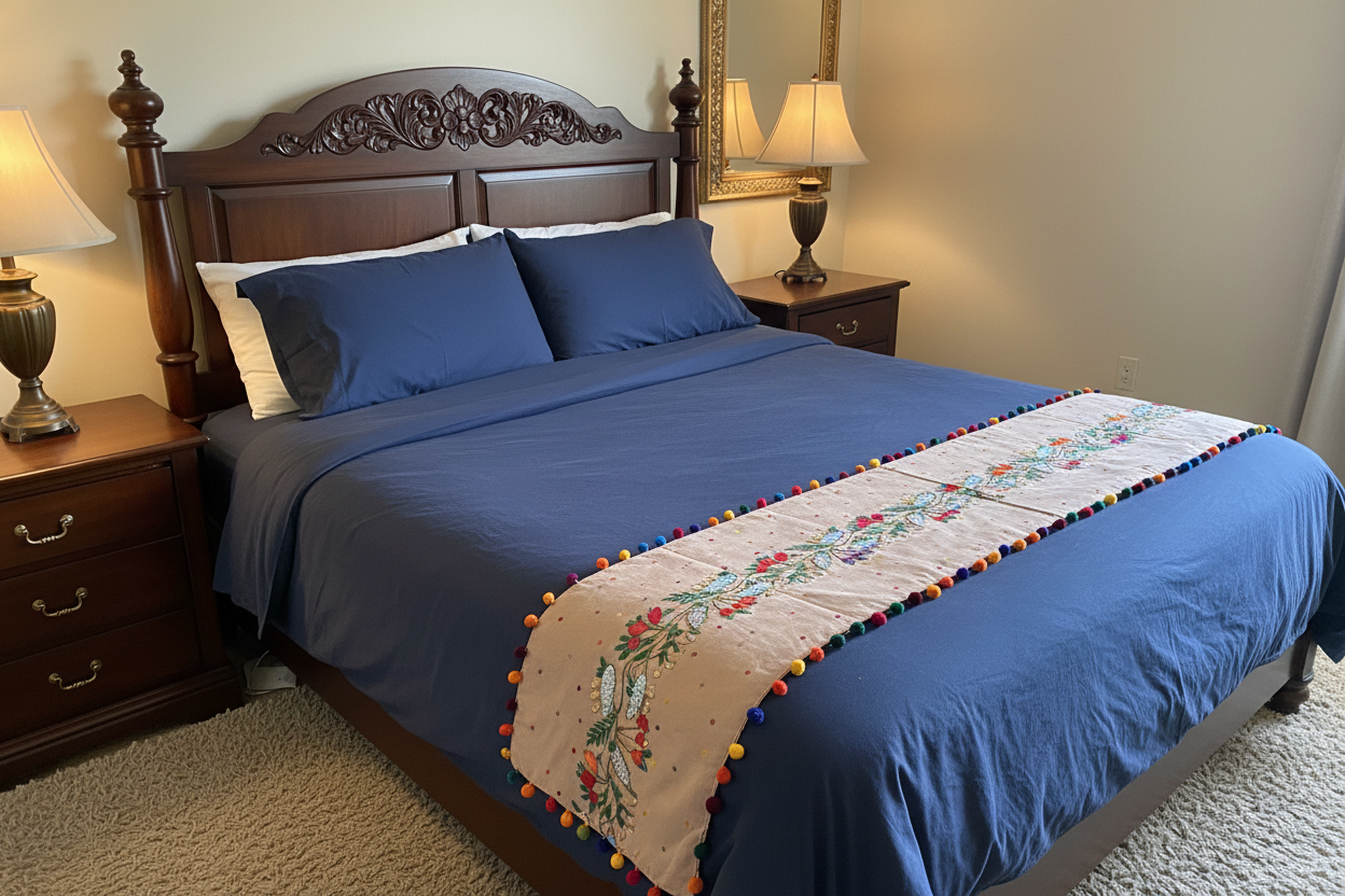 Hand Embroidered embellished runner on a  neutral fabric base