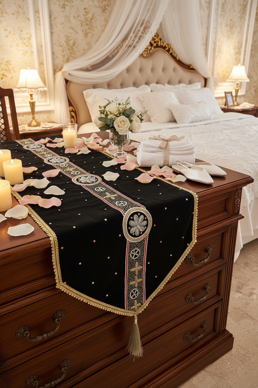 Decorative table runner with golden hand embroidered work