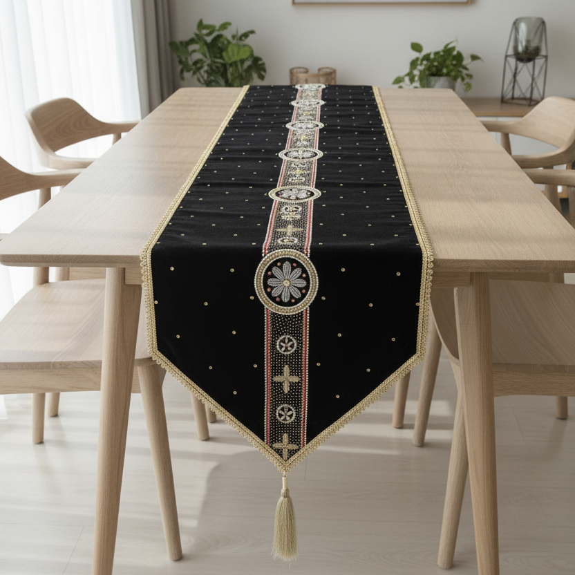 Decorative table runner with golden hand embroidered work