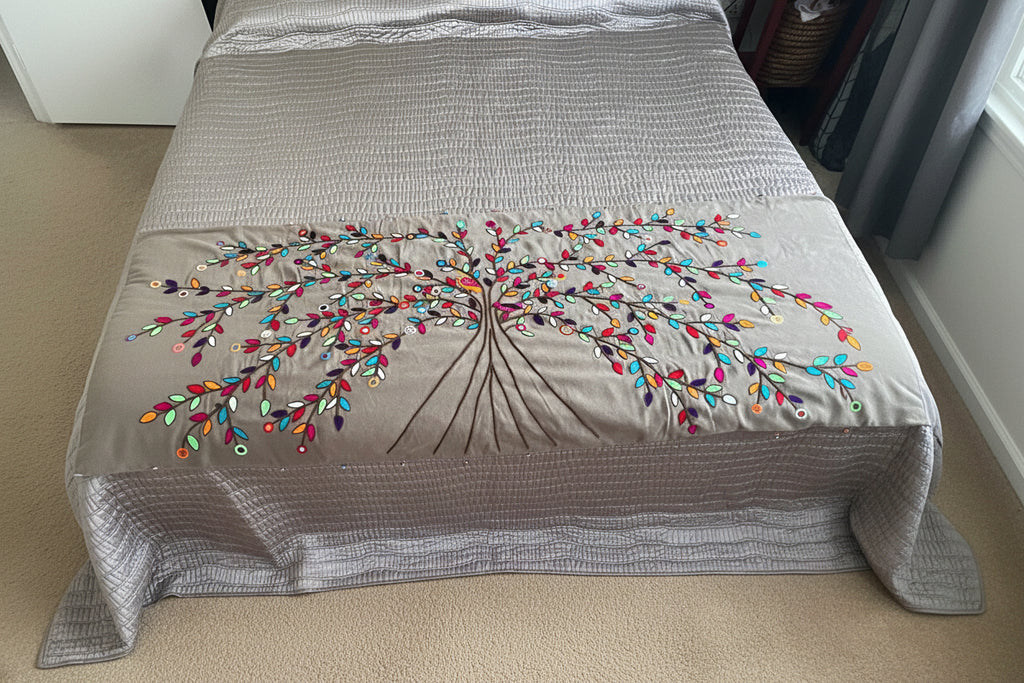 Beautiful vibrant Hand-multicolored Embroidered bed runner- sandy beach color