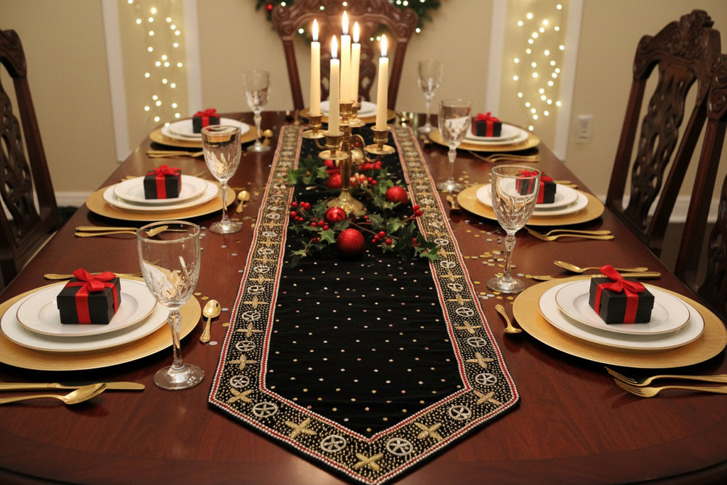 Black gold Luxe table Runner hand Embellished and embroidered