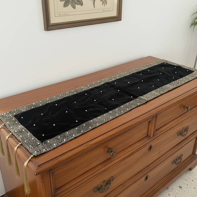 Dazzling Black velvet base runner with hand embroidered gold sequin and beads