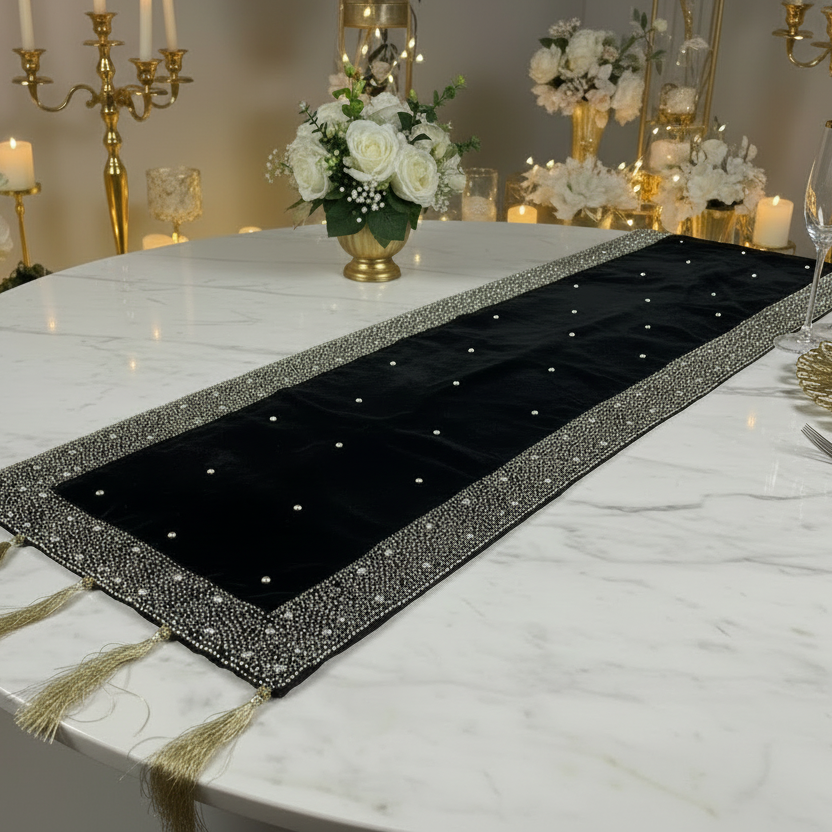 Dazzling Black velvet base runner with hand embroidered gold sequin and beads