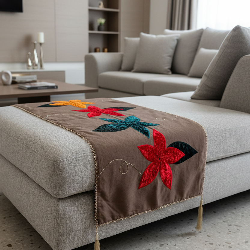 Decorative blanket with floral patterns on a beige sofa in a living room.