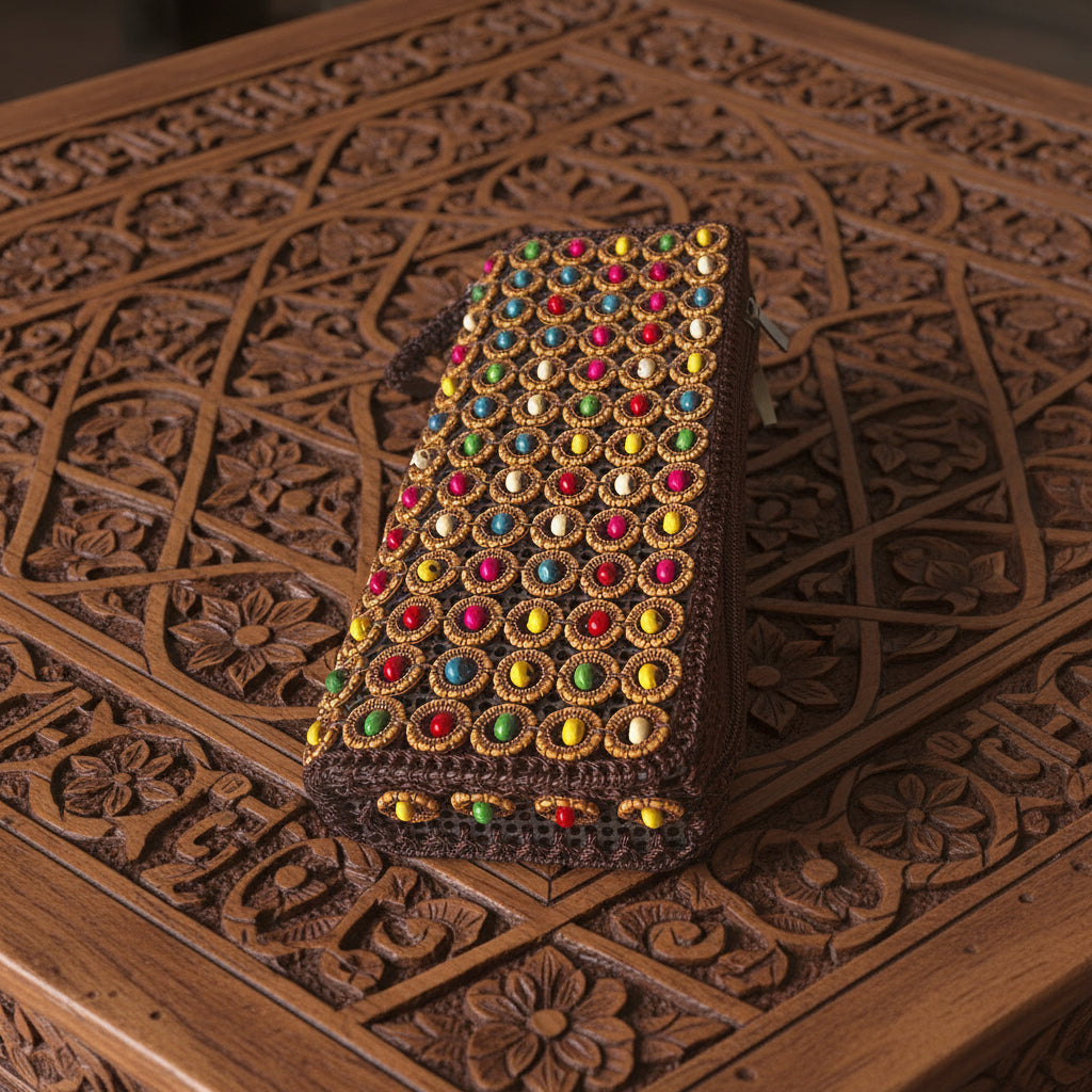 Handmade eco-friendly clutch bag crafted from natural coconut shells.