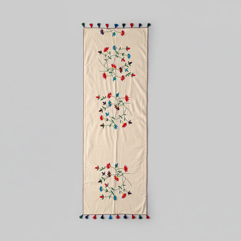 Beautiful Multicolored Hand embroidered bed Runner. 100% Cotton- 1 Pc