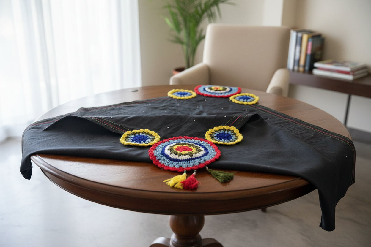 Black fabric with colorful circular patterns on a wooden board