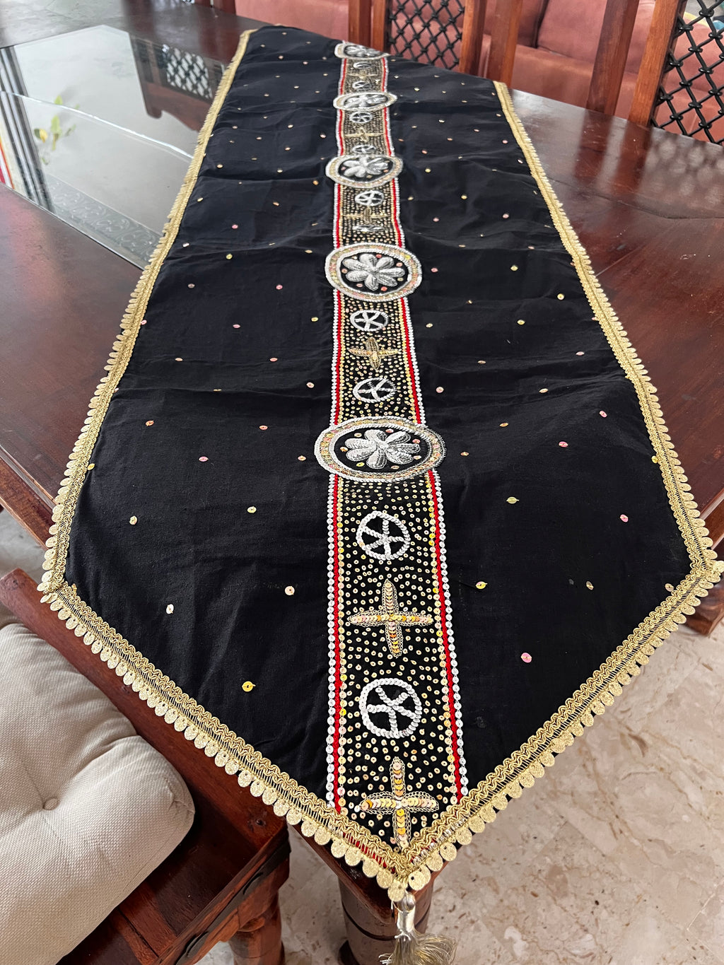 Decorative table runner with golden hand embroidered work