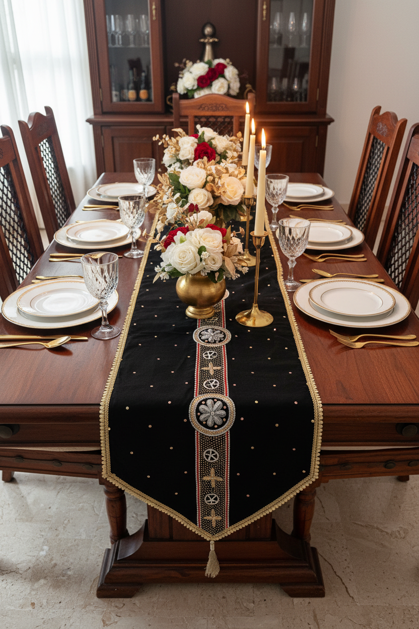 Decorative table runner with golden hand embroidered work