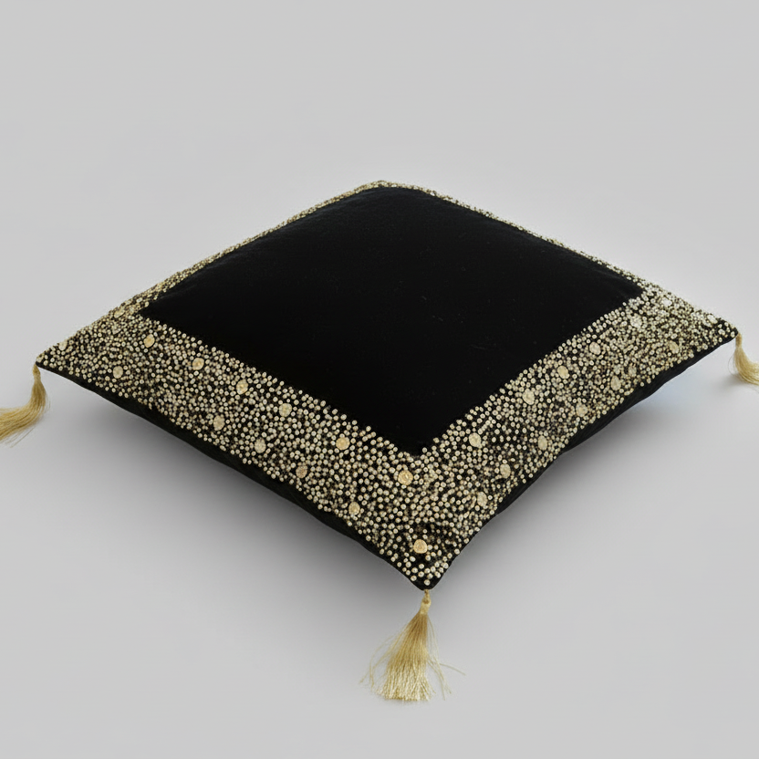 Luxury Black Velvet Cushion with Gold Sequins Hand Embroidery- 1 Pc