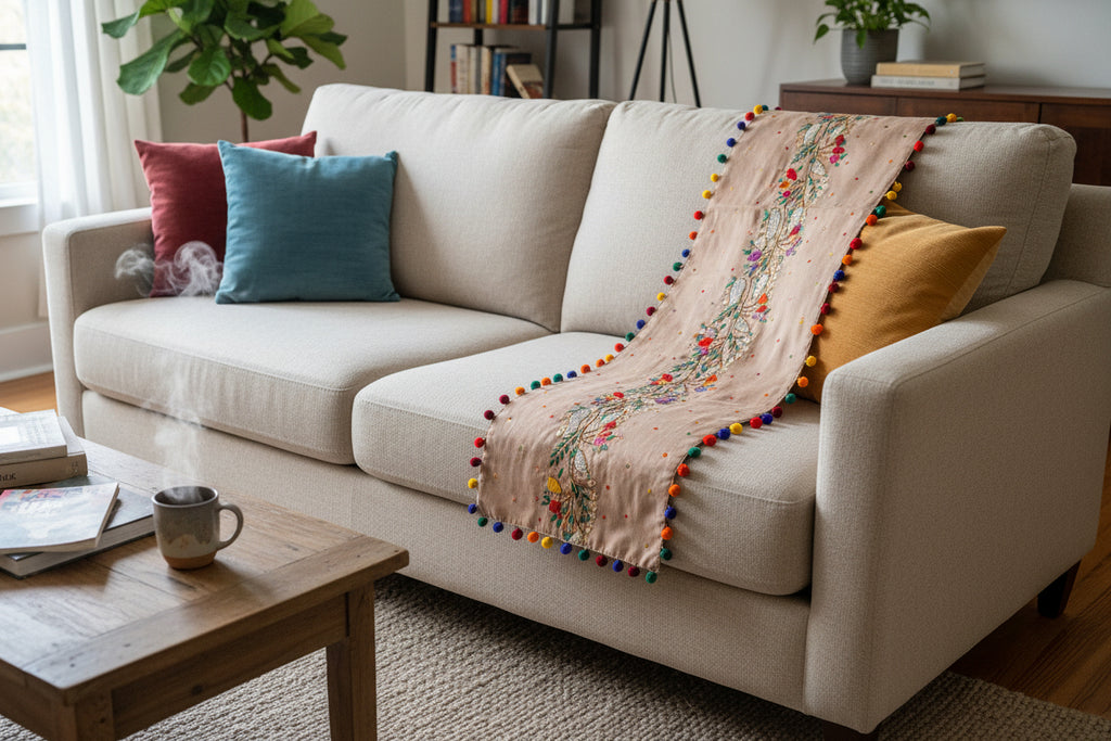 Hand Embroidered embellished runner on a  neutral fabric base