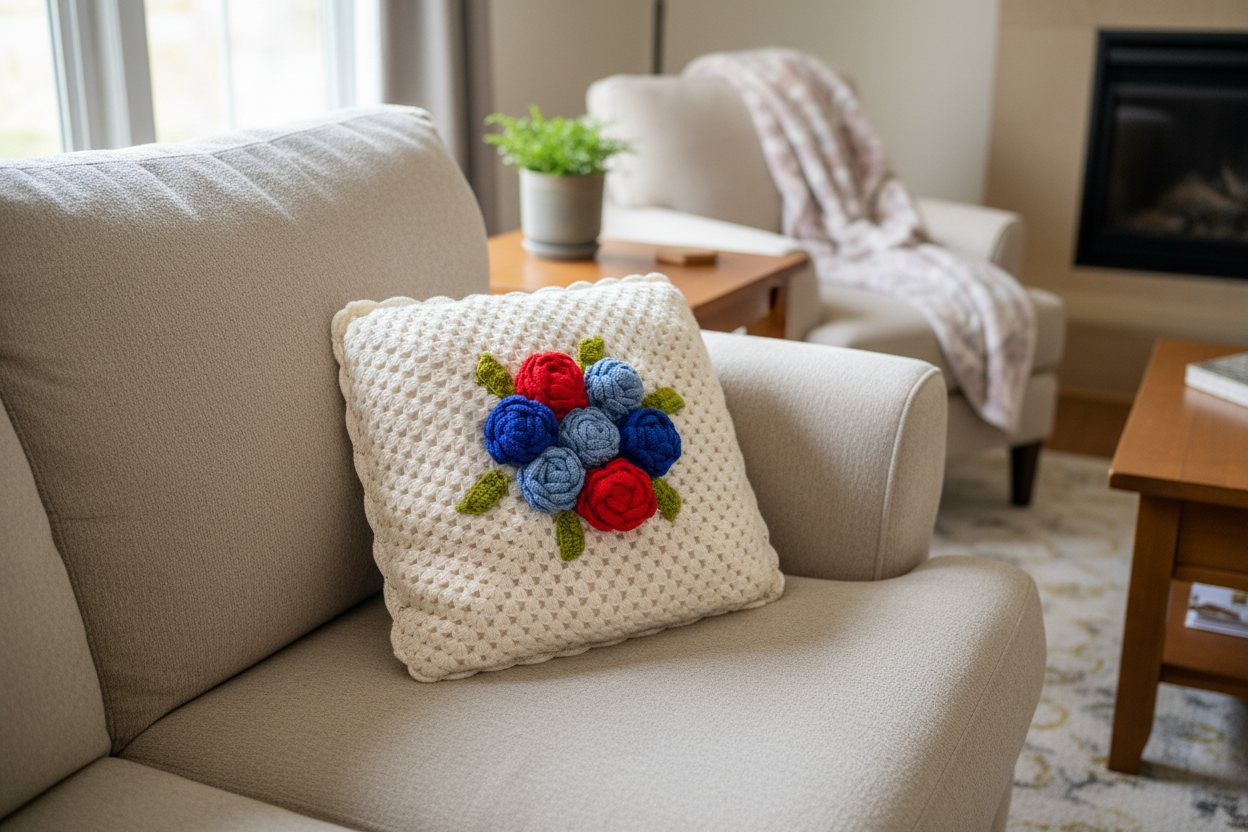 Decorative pillow with a floral pattern on a beige couch in a living room.