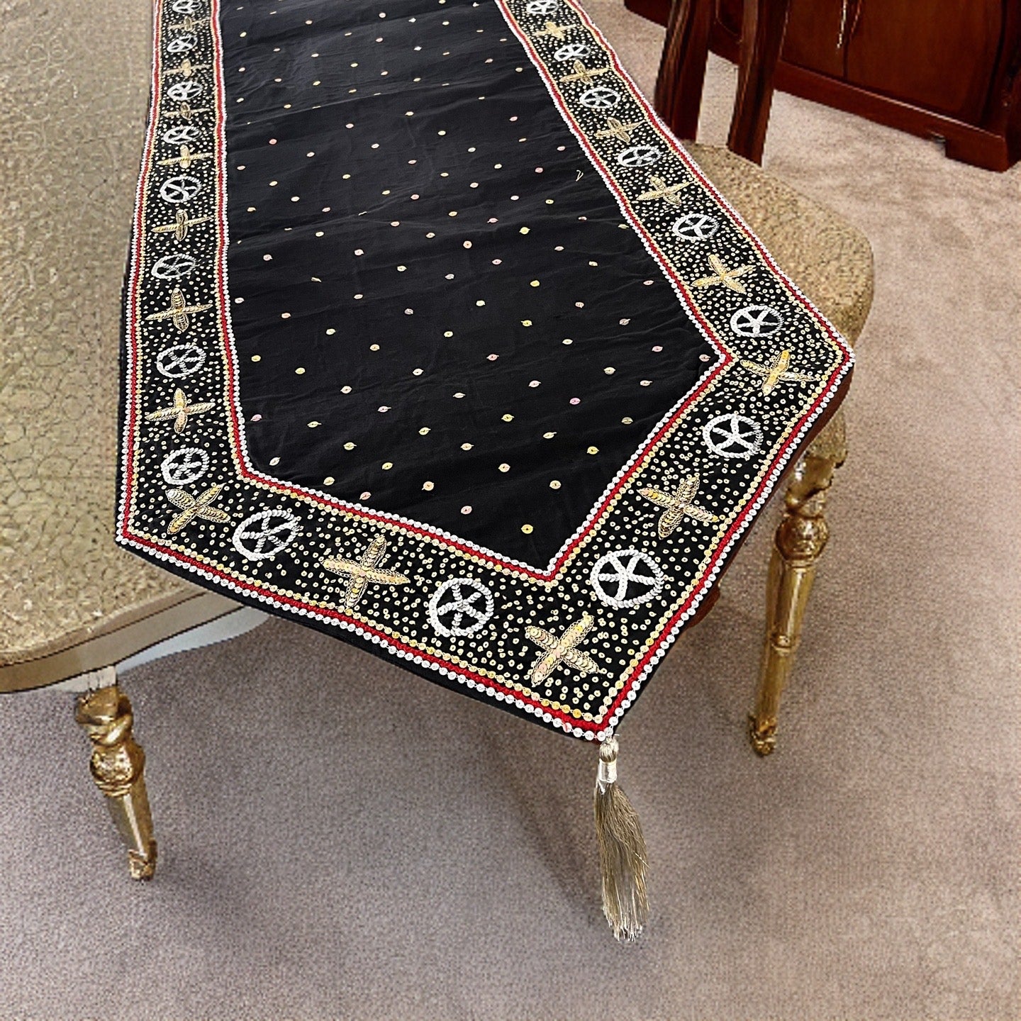Black gold Luxe table Runner hand Embellished and embroidered