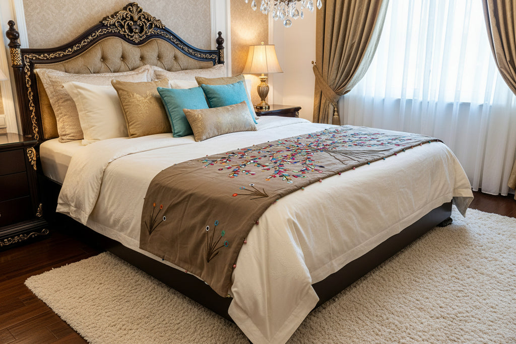Beautiful vibrant Hand-multicolored Embroidered bed runner- sandy beach color