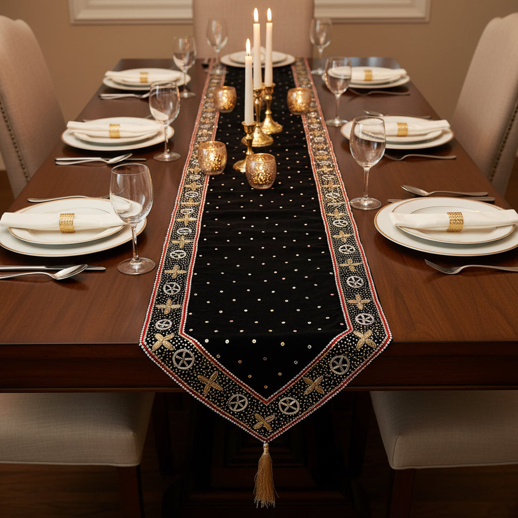 Black gold Luxe table Runner hand Embellished and embroidered