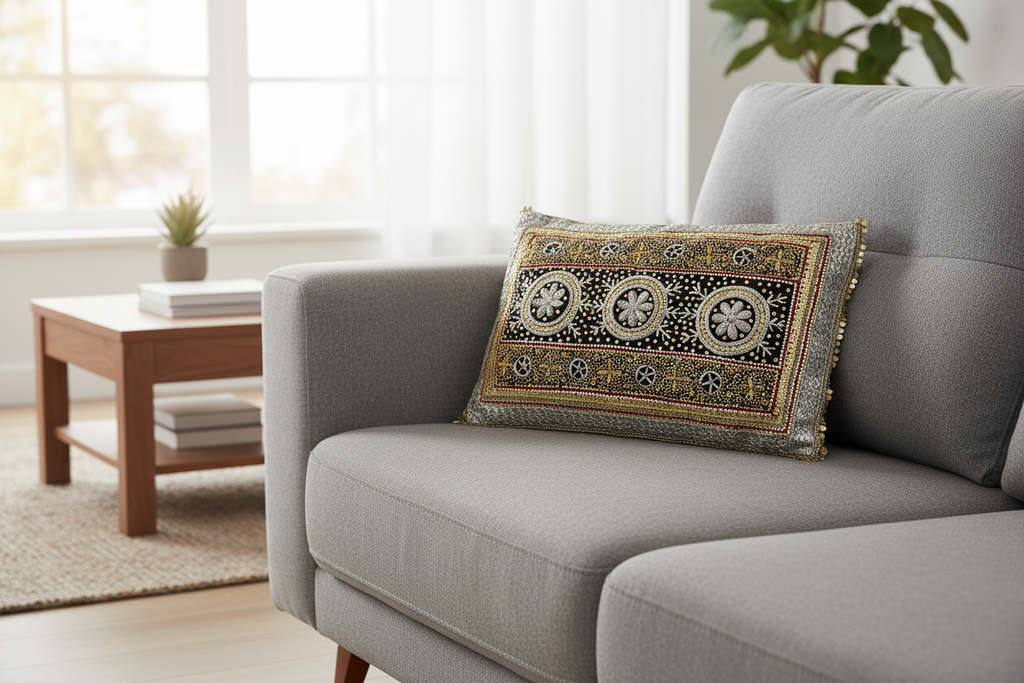 Decorative pillow with intricate beadwork on a white background