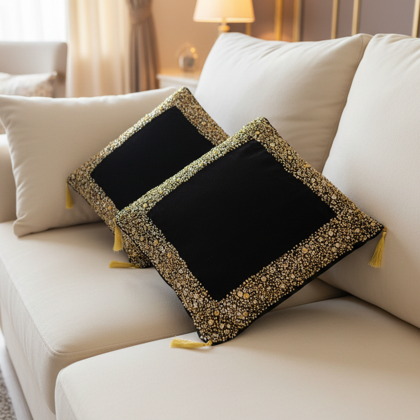 Luxury Black Velvet Cushion with Gold Sequins Hand Embroidery- 1 Pc