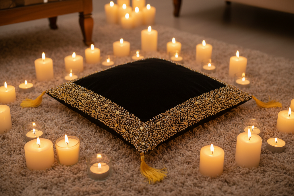 Luxury Black Velvet Cushion with Gold Sequins Hand Embroidery- 1 Pc